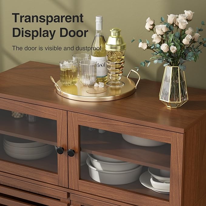 Vabches 31.5" Buffet Cabinet with Storage, Mid Century Modern Sideboard Coffee Bar Cabinet with Grille Doors & Adjustable Shelves for Kitchen, Dining Room, Living Room, Walnut