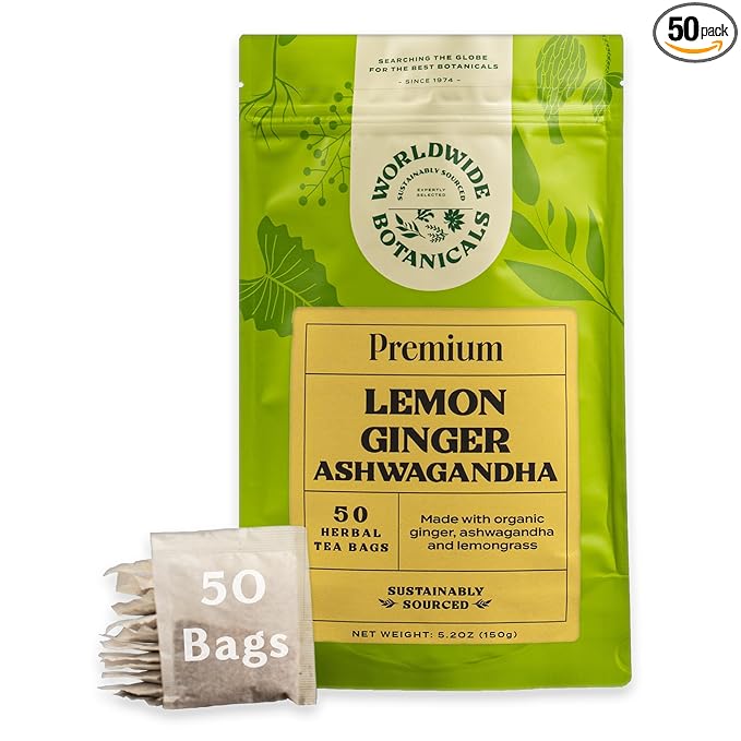 Worldwide Botanicals Lemon Ginger Ashwagandha Tea, 50 Tea Bags - 50% more herbs with 3g per teabag - Caffeine-Free, Made with Organic Herbs and Adaptogens - Kosher, 50 Tagless Eco-Friendly Tea-Bags
