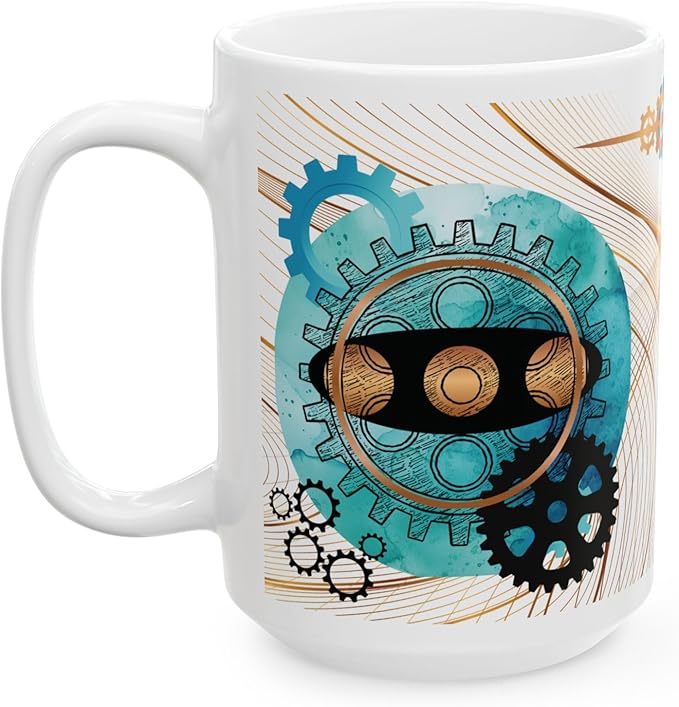 Turquoise, Black, and Copper Gears Coffee Mug for Men, Blue Coffee Mugs for Engineers, Mechanics, or Gear Head gifts,