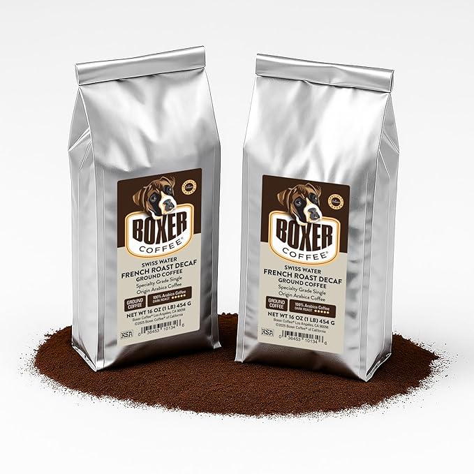 Boxer Coffee Swiss Water Decaf Dark Roast, French Roast Ground Coffee Single Origin Arabica – 2 Pack (1 lb Each)