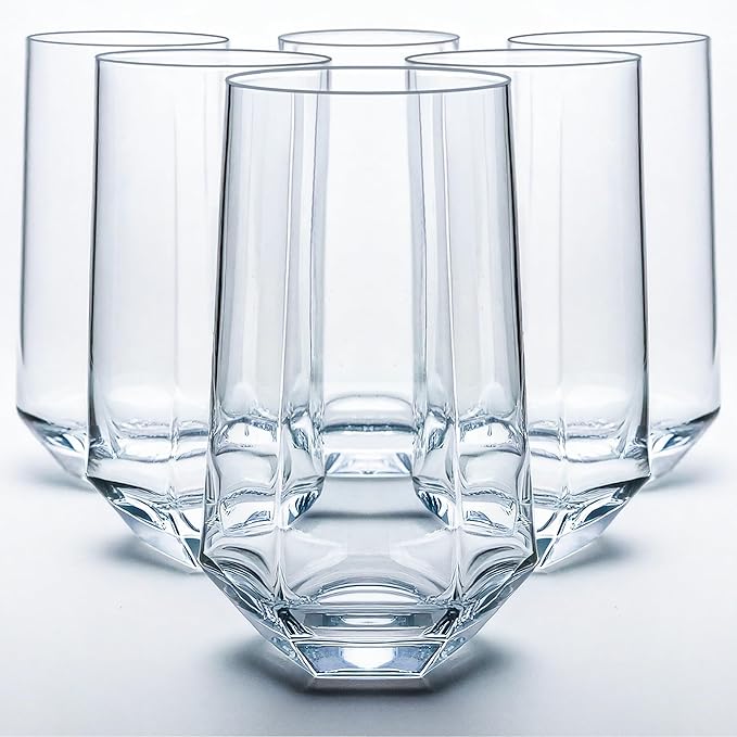 Crystal Beverage Glasses- Set of 6- Hexagon Design – 16oz Beer Tumbler & Highball Glass | Modern Tall Drinking Glass for Beer, Cocktails, Iced Tea, Cold Drinks & Everyday Use