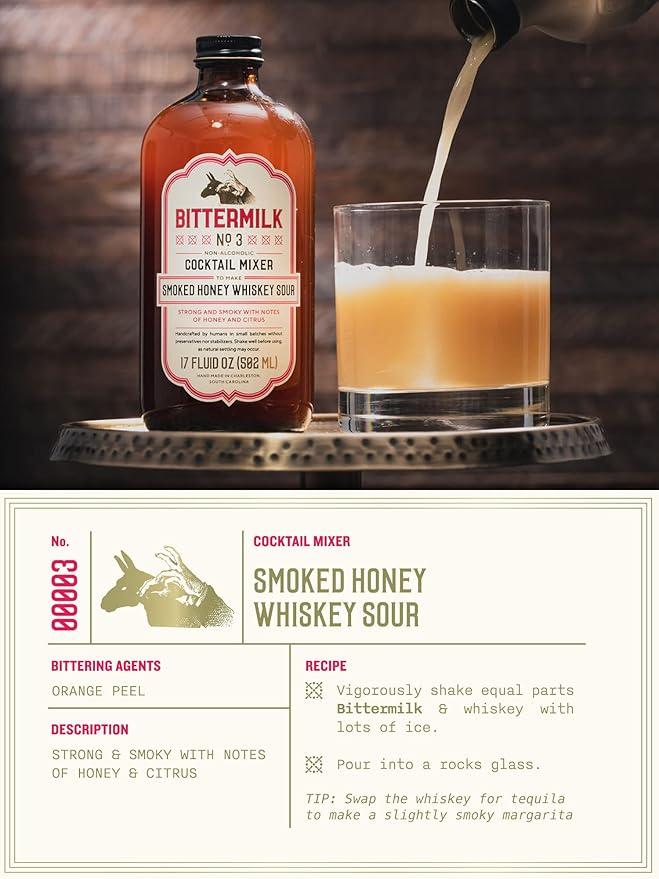 Bittermilk No.3 Smoked Honey Whiskey Sour Mix for Cocktails – Sweet and Sour Mix - Smoked Honey Syrup for Cocktails - Handcrafted Cocktail Mixer - Makes 17 Cocktails