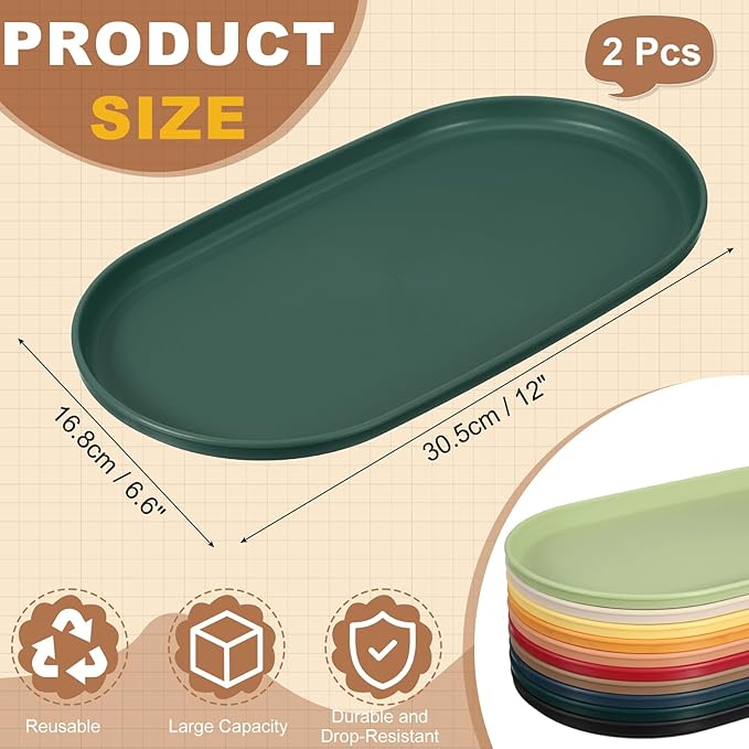 uxcell 2Pcs Fast Food Serving Trays, 12x6.6 Oval Reusable Restaurant Serving Trays for Kitchen Restaurant Coffee Fruit Burger Lunch Dessert, Dark Green