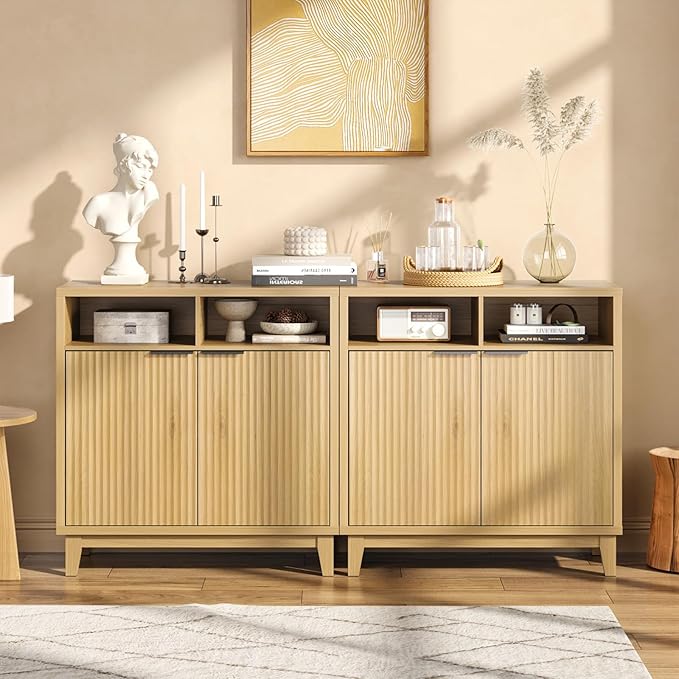 Modern Buffet Cabinet with Fluted Doors, Solid Wood Legs & Thickened Top, 31.5" Multi-Functional Storage Sideboard for Kitchen, Dining Room, Hallway (Natural Wood, 1 PCS)