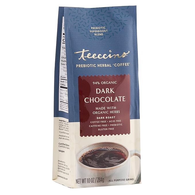 Teeccino Dark Chocolate Prebiotic SuperBoost™ Coffee Alternative - Support Probiotics with Caffeine-Free Herbal Coffee Featuring 3 Vegan Prebiotics for Gut Health, 10 Ounce, Pack of 6
