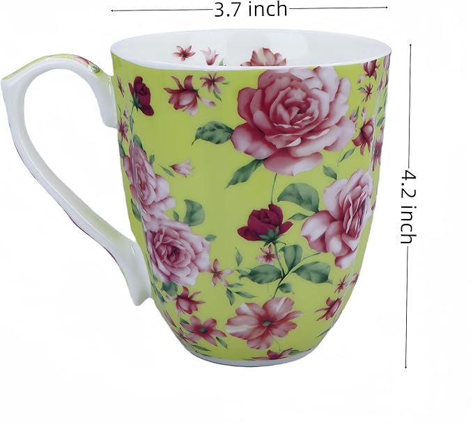 14oz Bone China Coffee Mugs for Women Floral Coffee Mug Tea Cups Novetly Coffee Cups Gift for Women Mom Friends (Sunny yellow rose)