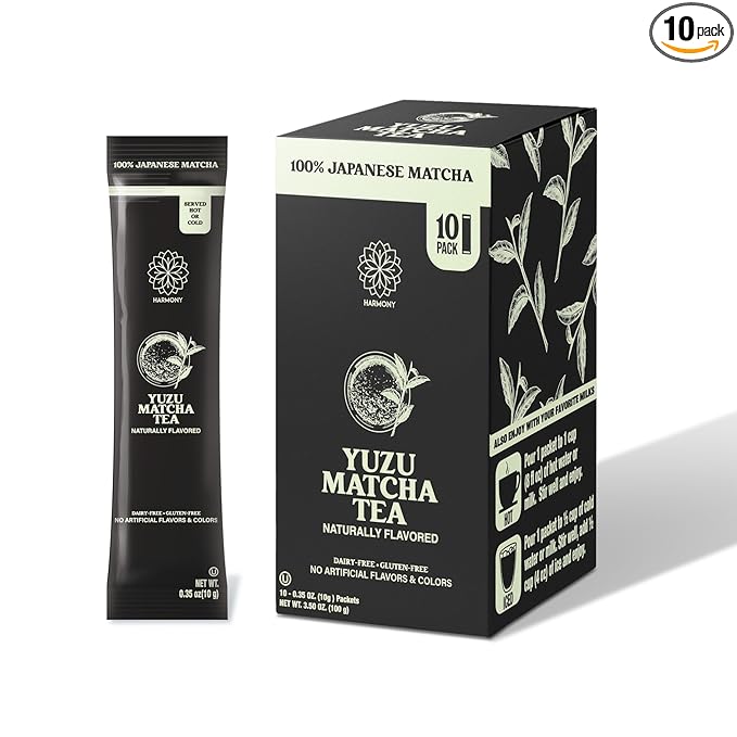 The Harmony Matcha Yuzu (10 Sticks) Premium Japanese Matcha Powder, Rich in Antioxidants & L-Theanine, Sweetened with Organic Sugar, No Preservatives