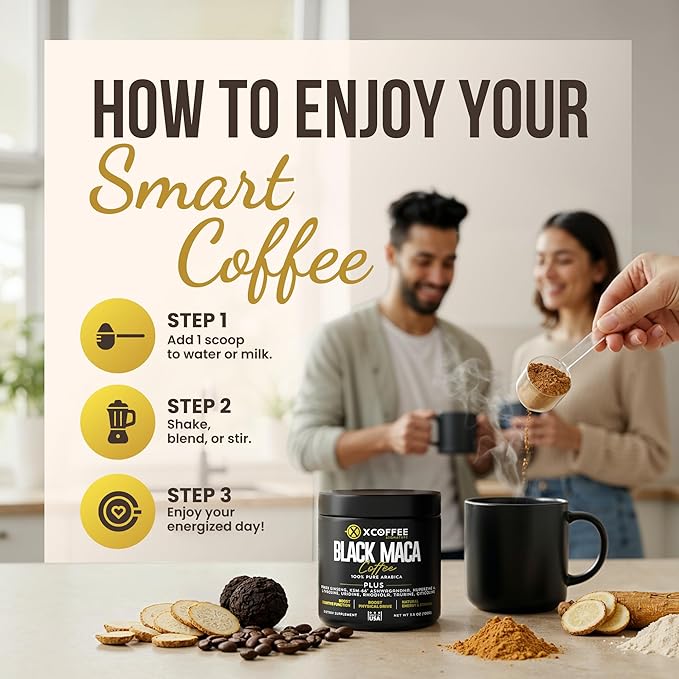 Black Maca Adaptogenic Coffee – Instant Arabica Medium Roast with | KSM-66 Ashwagandha | Ginseng | Natural Energy, Focus & Stamina Blend with Taurine, Rhodiola & Citicoline
