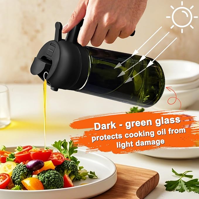 2 in 1 Glass Oil Sprayer & Dispenser,16oz/470ml Olive Cooking, Air Fryer, and Salad, for Kitchen Gadgets and Air Fryer Accessories, w/Stickers (Black + Dark Green Bottle 2)