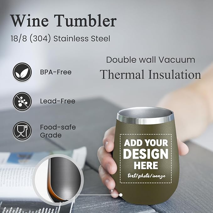 MEWAY Personalized Custom 12oz Wine Tumbler with Lid, Insulated Double Wall Vacuum Travel Tumbler Gifts with Text Photo Logo (Army green, 1pack)