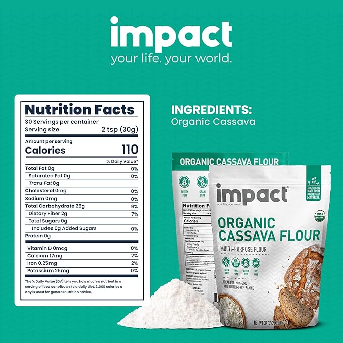 Impact - Organic Cassava Flour - Gluten-Free Baking Essential - Grain-Free Wheat Flour Substitute for Cooking and Baking - High Fiber, Easy to Use - 2lb