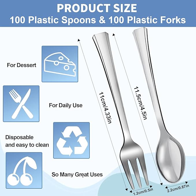 200Pcs Mini Plastic Forks and Spoons, 100 Pcs Silver Forks & 100 Pcs Silver Spoons, Disposable Plastic Silverware, Mini Spoon and Fork for Appetizers Desserts Cake Parties Weddings(4.3 Inch)