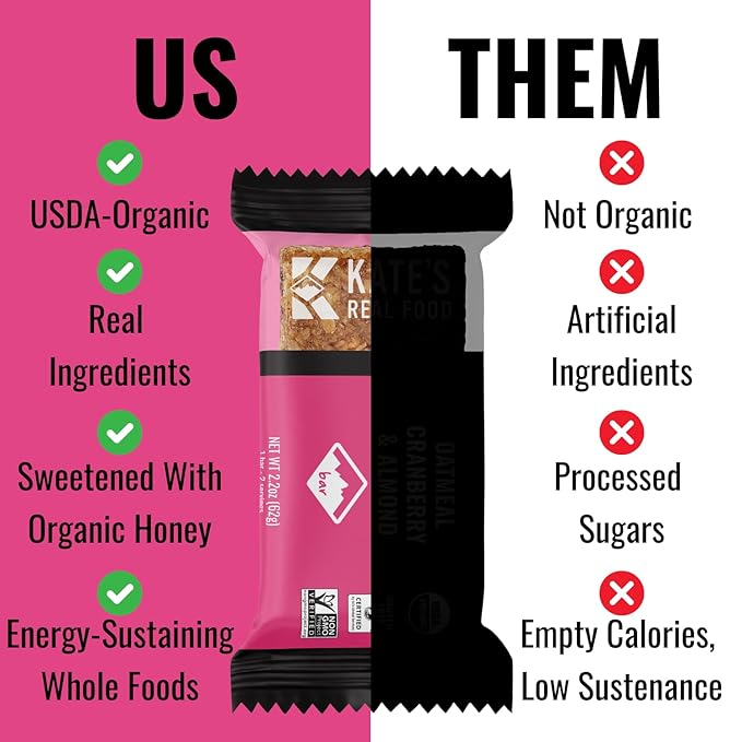 Kate’s Real Food Organic Energy Bars, Non-GMO, All-Natural Ingredients, Gluten-Free and Soy-Free Healthy Snack with Natural Flavors, Oatmeal Cranberry & Almond (Pack of 12)