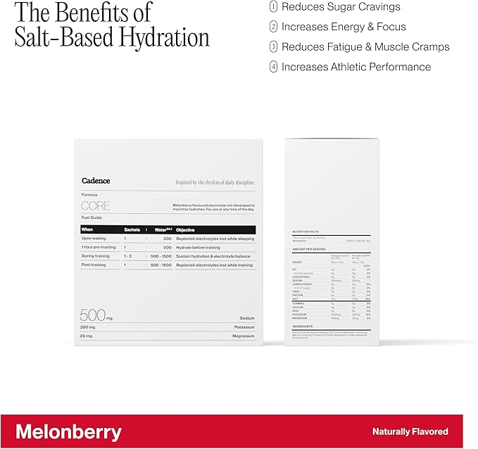 Cadence Sachets Core Melonberry - Carton (5g x 30) Science-Backed Hydration | Zero Caffeine | Vegan, Keto & Paleo Friendly | Sodium, Potassium & Magnesium for Performance & Recovery