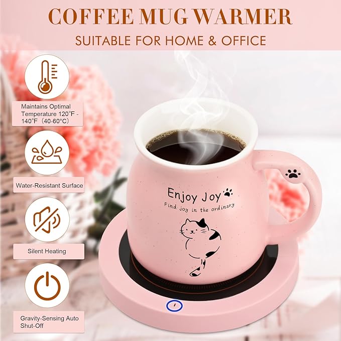 Coffee Mug Warmer, Cute Cat Mug Set, Coffee Cup Warmer for Desk, Gifts for Women, Pink Heated Coffee Warmer for Mom Home Office Christmas Birthday Gifts