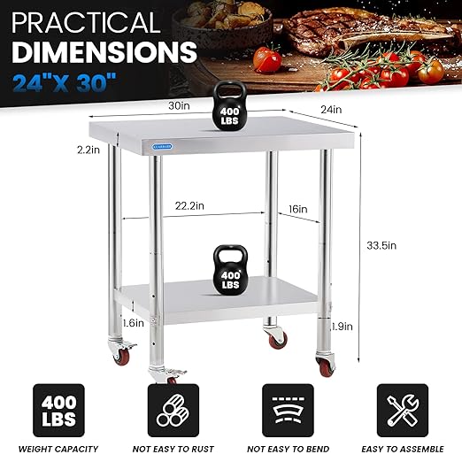 Stainless Steel Table for Prep & Work with 4 Caster Wheels with Adjustable Undershelf 24 x 30 NSF Metal Commercial Kitchen Worktable for Restaurant Home Outdoor