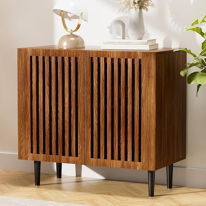 CHUWELL Farmhouse Storage Cabinet, 31.5" Buffet Accent Cabinet with 2 Doors and Adjustable Shelf, Sideboard Coffee Bar with Solid Wood Feet for Kitchen,Living Room,Brown