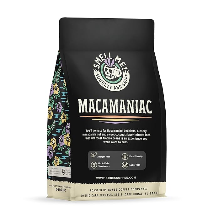 Bones Coffee Company Macamaniac, Macadamia and Coconut Flavored Coffee, Medium Roast Low Acid Arabica Beans Compatible with Auto drip and French Press Coffee Maker, 12 Oz Whole Bean
