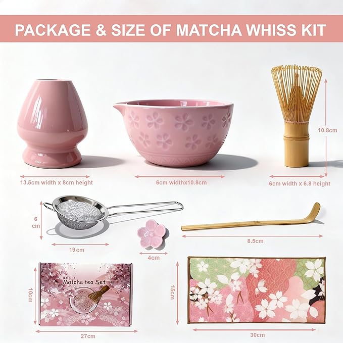 7 Pcs Matcha Kit for Matcha Lovers – Ceramic Matcha Bowl, Bamboo Whisk & Holder, Scoop, Scoop Rest, Metal Sifter and Tea Towel | Complete Matcha Tea Set for Home, Gift Set for Tea Lovers(Pink)