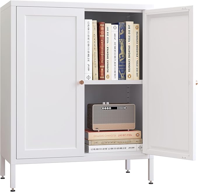Small 2 Transparent Door Metal Storage Side Buffet Cabinet for Bed Room,Living Room,Entryway,Hallway,Home,Hotel,Office,Garage,Kitchen,1 Removable Shelf. (Square Door, White)