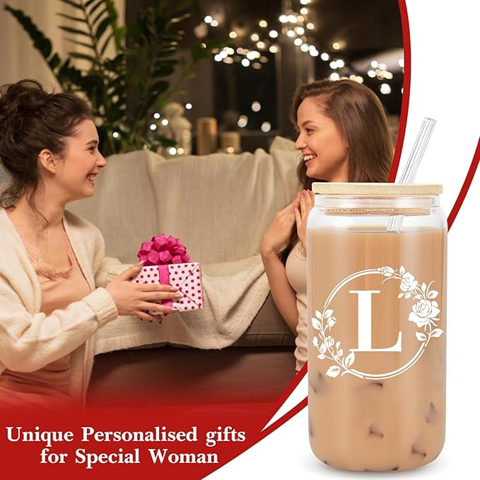 Birthday Gifts for Women, Monogrammed Initial Glass Cup Personalized Gifts for Women, 16oz Glass Cups with Lids and Straws, Iced Coffee Cup, Beer Can Shaped - Gift for Christmas, Birthday, L