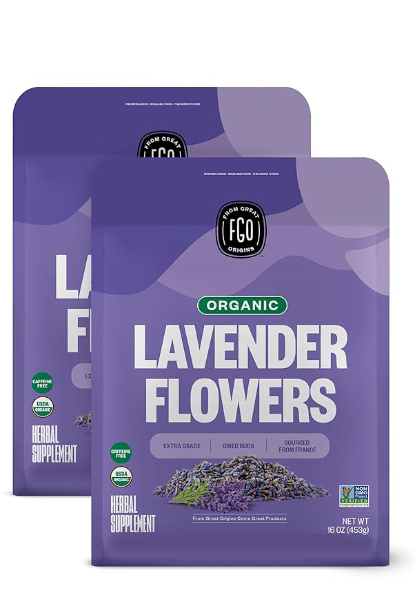 FGO Organic Dried Lavender Flowers, Extra Grade Dried Buds, Imported From France for Culinary or Sachet Bags, 16oz Bulk, Packaging May Vary (Pack of 2)