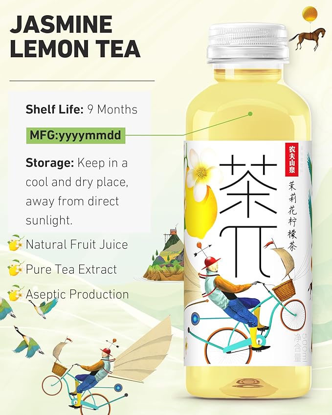 Tea PI Iced Tea –Jasmine Green Tea, Lemon Sweet Iced Fruit Tea Bottles, Real Juice, -16.9 fl oz, 500mL, 15 Pack