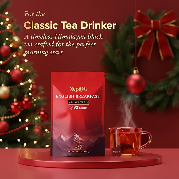 Nepaya English Breakfast Black Tea – 50 Pyramid Tea Bags, Strong & Robust, High Caffeine, Biodegradable, Himalayan Whole-Leaf