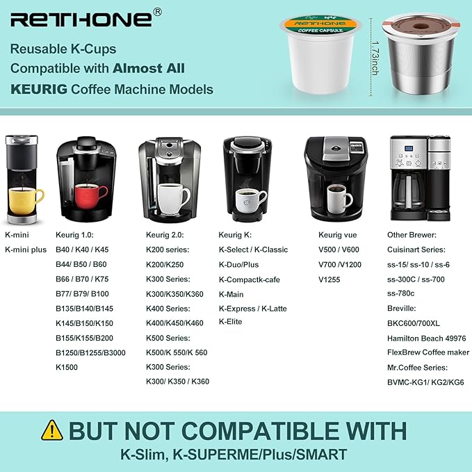 RETHONE K Cup Reusable Coffee Pods, Stainless Steel Reusable K Cups Compatible with Keurig 1.0 & 2.0 Coffee Machines Brewers Refillable K Cups (3 Pack)