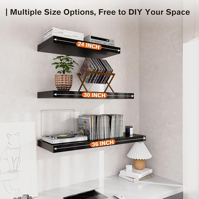 Floating Shelf, Set of 1 Wall Shelf, 36 in W x 12.75 in D x 2 in H Wooden Floating Wall Shelf with Invisible Brackets for Living Room/Bedroom/Bathroom/Kitchen Storage and Decor, Black