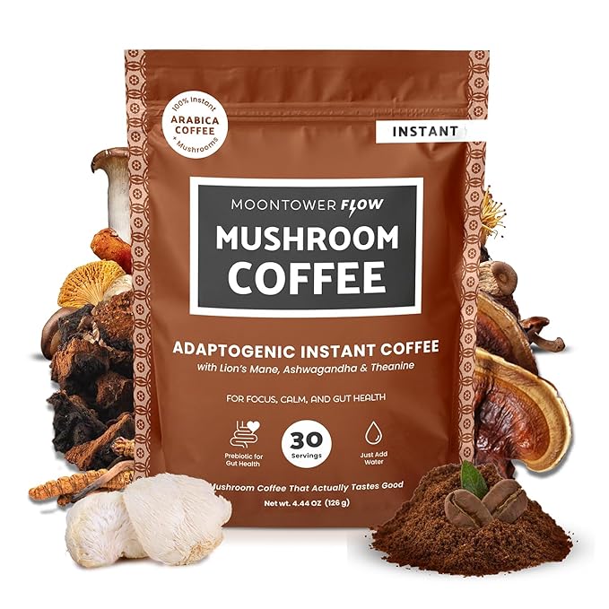 Instant Mushroom Coffee - Organic Adaptogenic Coffee Blend with Lion's Mane, Ashwagandha, L-Theanine & Prebiotic Inulin for Focus, Calm Energy & Gut Health Support - 30 Servings by Moontower