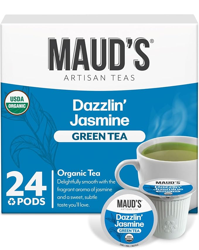 Maud's Organic Jasmine Green Tea Pods, 24 ct, Recyclable Single Serve Tea Pods – 100% Gourmet Blended Tea Leaves, Compatible with Keurig K Cups Maker
