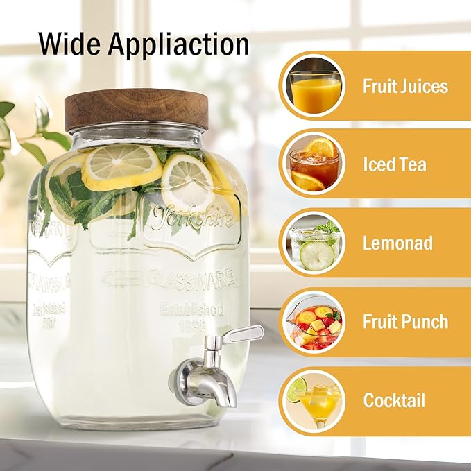 Mustry Glass Drink Dispenser for Parties, 1 Gallon Beverage Dispenser with Spigot Solid Stainless Steel, Used as Lemonade Dispenser Sun Tea Jar Kombucha Jar, Set of 2