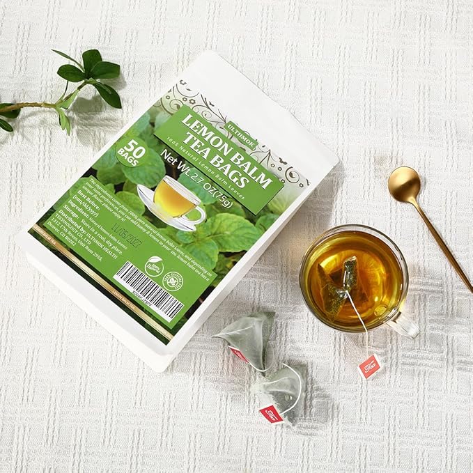 Premium Lemon Balm Leaf Tea, 50 Bags. Made with 100% Natural Lemon Balm Leaves, No Additive & Caffeine Free, Promotes Relaxation & Support Digestion.