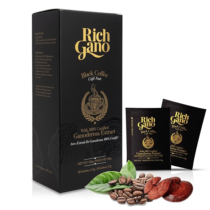 Rich Gano Reishi Mushroom Coffee – (1 Box of 30 Sachets) Black Coffee with Ganoderma Extract – All Natural Vegan Friendly Instant Coffee Packets – Zero Jitters Energize Ganoderma
