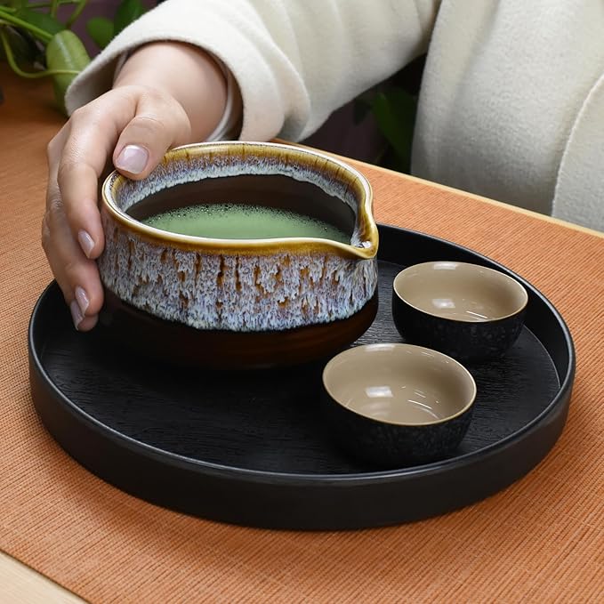 Artcome Matcha Tool Set - Complete Kit with Matcha Bowl with Spout, Bamboo Whisk, Tea Scoop, Whisk Holder, Scoop Holder, Tea Cloth & Powder Strainer, Golden Glaz