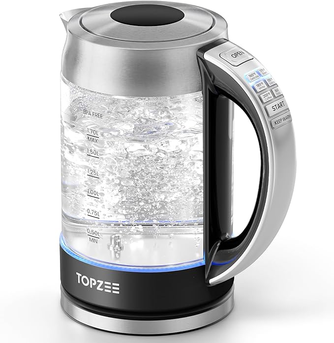 TOPZEE 1.7L Glass Electric Kettle for Coffee & Tea, Hot Water Boiler with 6 Preset Temperatures, Rapid Boil, Auto Shut-off & Dry Boil Protection, Keep Warm and Memory Function, BPA Free, Black, 1500W