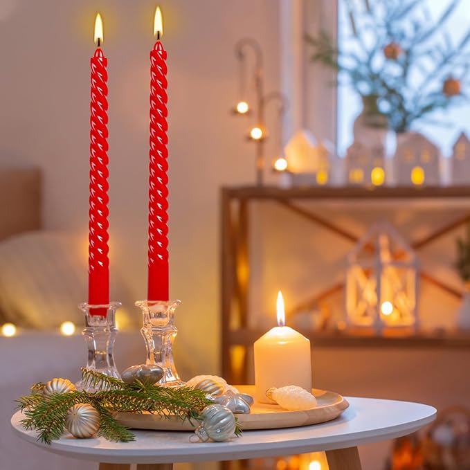 10 Inch Red Spiral Taper Candles Set of 12 Pack Unscented Dripless Candlesticks for Christmas,Dinner,Party,Brithday,Wedding and Home Decoration