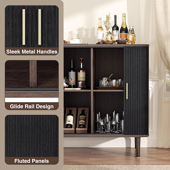 35" Fluted Accent Buffet Cabinet, Black Small Storage Sideboard with Sliding Door, Mid Century Modern Credenza with Solid Wood Leg, Wine Coffee Bar Console Table for Kitchen, Entryway, Living