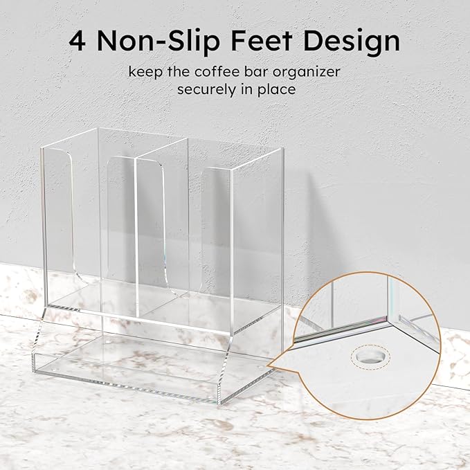 AITEE Acrylic Coffee Station Organizer for Countertop, Holds 20 Cups, All-in-One Coffee Cup and Lid Holder with Condiment Storage for Office Breakroom and Home Kitchen, Clear
