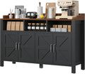 Buffet Cabinet with Storage Farmhouse with 4 Doors and 3 Open Compartments, 55'' Large Kitchen Storage Cabinet Black Wood Coffee Bar Buffet Sideboard for Kitchen, Dining Room, Living Room