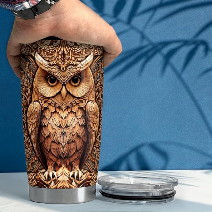 SANDJEST Owl Tumbler 20oz Stainless Steel Insulated Tumblers Coffee Travel Mug Cup Wood Drawing Style Owls Gifts for Women Men Gift for Birthday Christmas