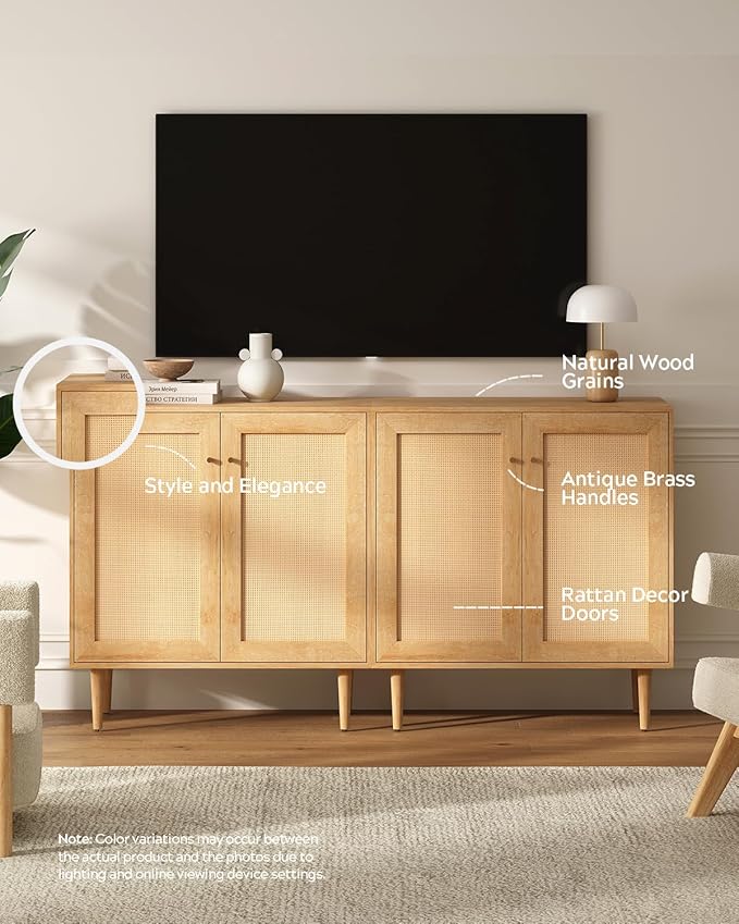 Accent Storage Cabinet Sideboard with Rattan Doors, Boho Buffet Kitchen Bar Cabinet Farmhouse Credenza Cabinets with Adjustable Shelves for Dining Room (Square Doors/Oak)