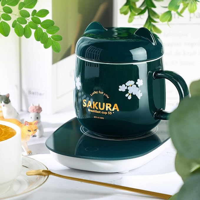 Honeydak Coffee Mug Warmer Cute Cat Mug Set Cup Warmer for Desk for Women Heated Coffee Warmer for Mom Home Office Christmas Birthday Gifts(Green)