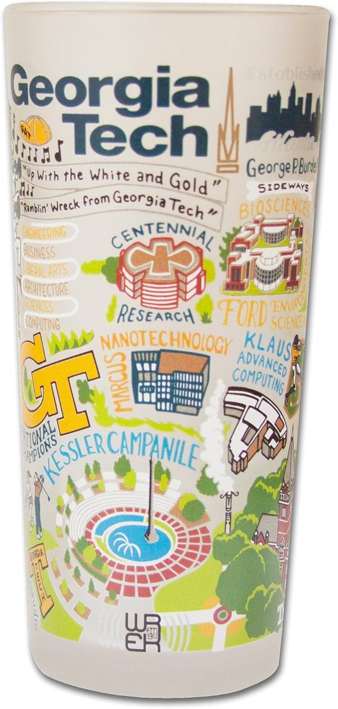 Catstudio Drinking Glass, Georgia Tech Glass Cup for Kitchen, 15oz Dishwasher Safe Tumbler for GT Alumni
