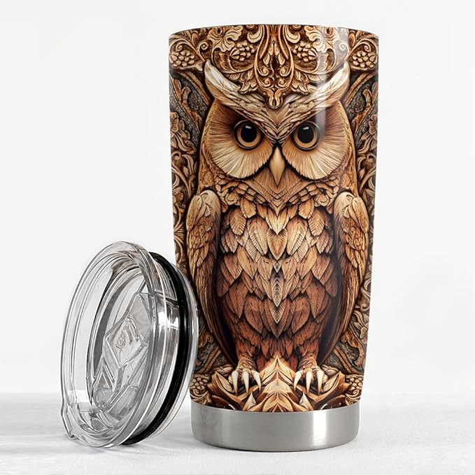 SANDJEST Owl Tumbler 20oz Stainless Steel Insulated Tumblers Coffee Travel Mug Cup Wood Drawing Style Owls Gifts for Women Men Gift for Birthday Christmas