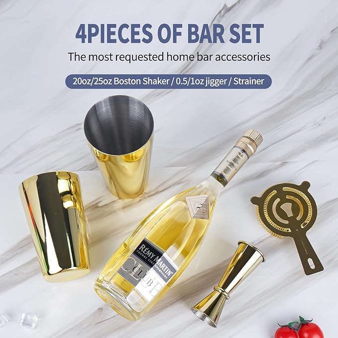 Cocktail Shaker Set 4-Piece Boston Shaker Kit with 20oz/25oz Shaker,Strainerand 0.5/1oz Double JiggerBar Set for Home Drink Mixer Bartendiing (Gold, 20oz/25oz)