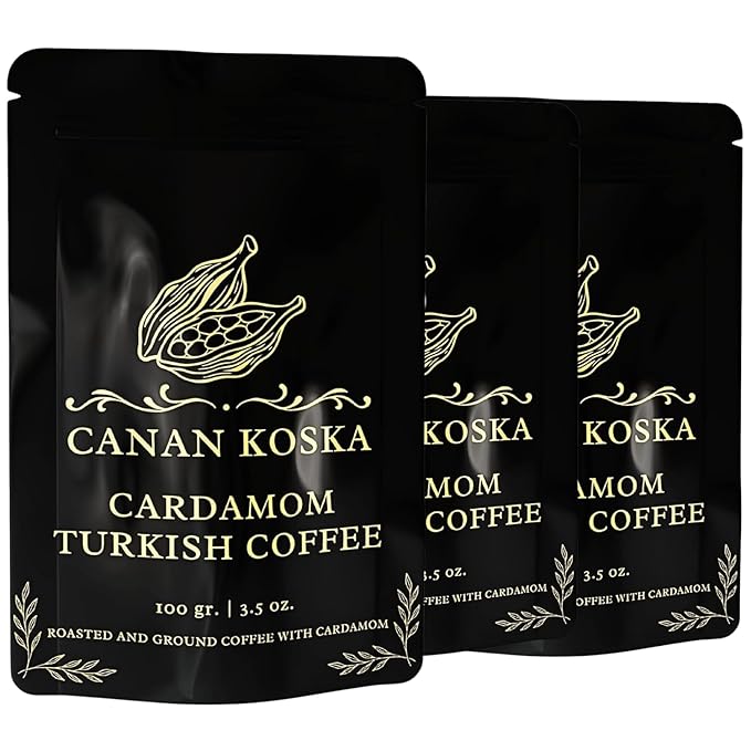 Canan Koska Cardamom Turkish Coffee - Premium Ground Coffee With Natural Cardamom Grounds, Medium Roast, Traditional Ottoman Recipe - 3.5oz (100g) - Pack Of 3