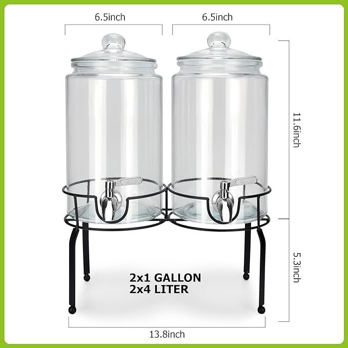 1 Gallon Beverage Dispenser 2 Pack, Stainless Steel Spigot Drink Dispenser for Parties with Stand, Clear Glass Drink Container Easy to Refill and Clean