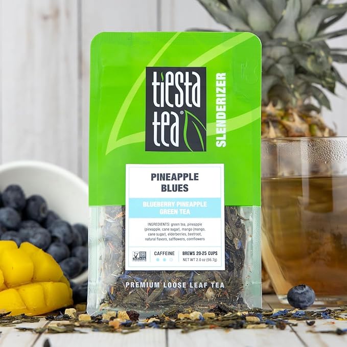 Tiesta Tea - Pineapple Blues, Loose Leaf, Blueberry Pineapple Green Tea, Premium Tropical Blend, Medium Caffeinated Green, Make Hot or Iced, Brews Up to 25 Cups, 2 Ounce Resealable Pouch